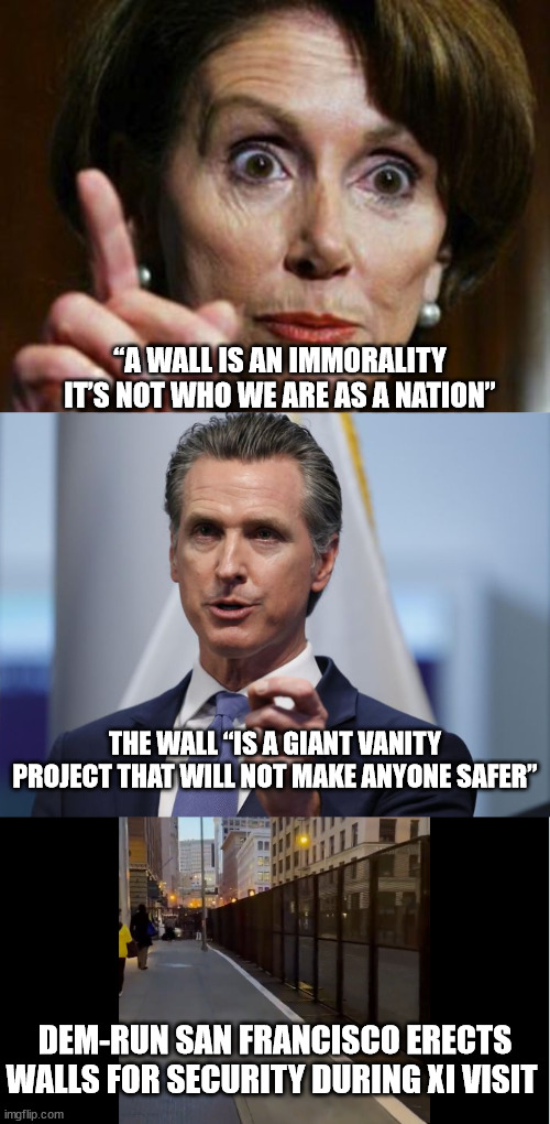 Do as We Say - Not as We Do | “A WALL IS AN IMMORALITY IT’S NOT WHO WE ARE AS A NATION”; THE WALL “IS A GIANT VANITY PROJECT THAT WILL NOT MAKE ANYONE SAFER”; DEM-RUN SAN FRANCISCO ERECTS WALLS FOR SECURITY DURING XI VISIT | image tagged in liberal logic,dems,hypocrites | made w/ Imgflip meme maker