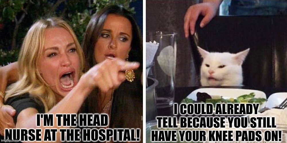 Head nurse | I'M THE HEAD NURSE AT THE HOSPITAL! I COULD ALREADY TELL BECAUSE YOU STILL HAVE YOUR KNEE PADS ON! | image tagged in smudge the cat | made w/ Imgflip meme maker