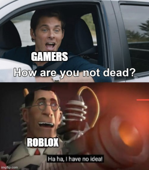 How are you not dead | GAMERS; ROBLOX | image tagged in how are you not dead | made w/ Imgflip meme maker