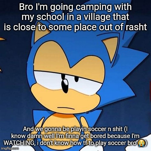 bruh | Bro I'm going camping with my school in a village that is close to some place out of rasht; And we gonna be playin soccer n shit (I know damn well I'm finna get bored because I'm WATCHING, i don't know how tf to play soccer bro 😭) | image tagged in bruh | made w/ Imgflip meme maker