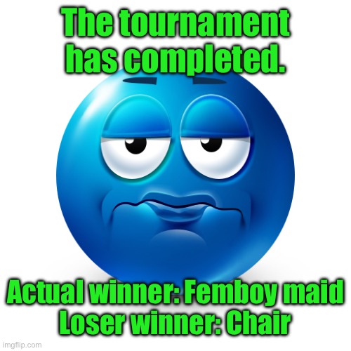 Frustrate | The tournament has completed. Actual winner: Femboy maid
Loser winner: Chair | image tagged in frustrate | made w/ Imgflip meme maker