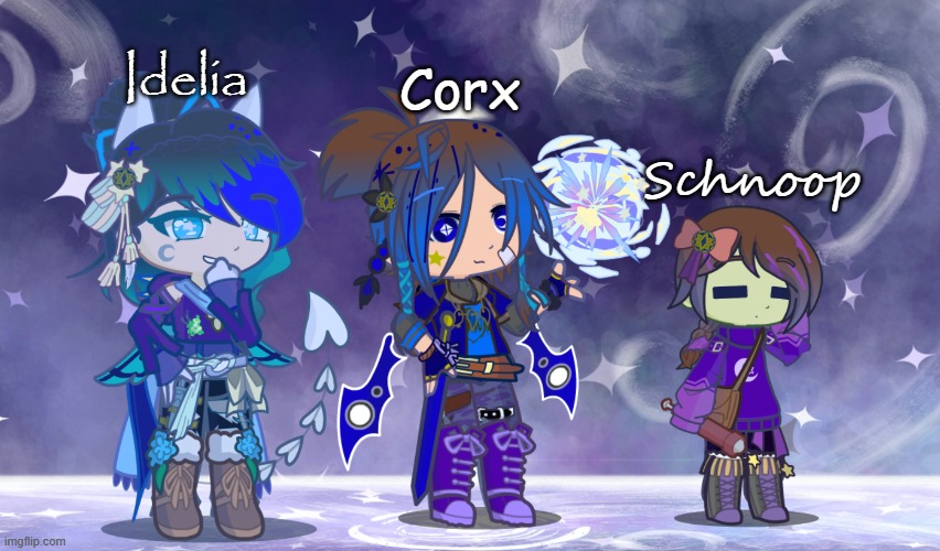 updated the designs of the Underlunar trio | Corx; Idelia; Schnoop | image tagged in gacha | made w/ Imgflip meme maker