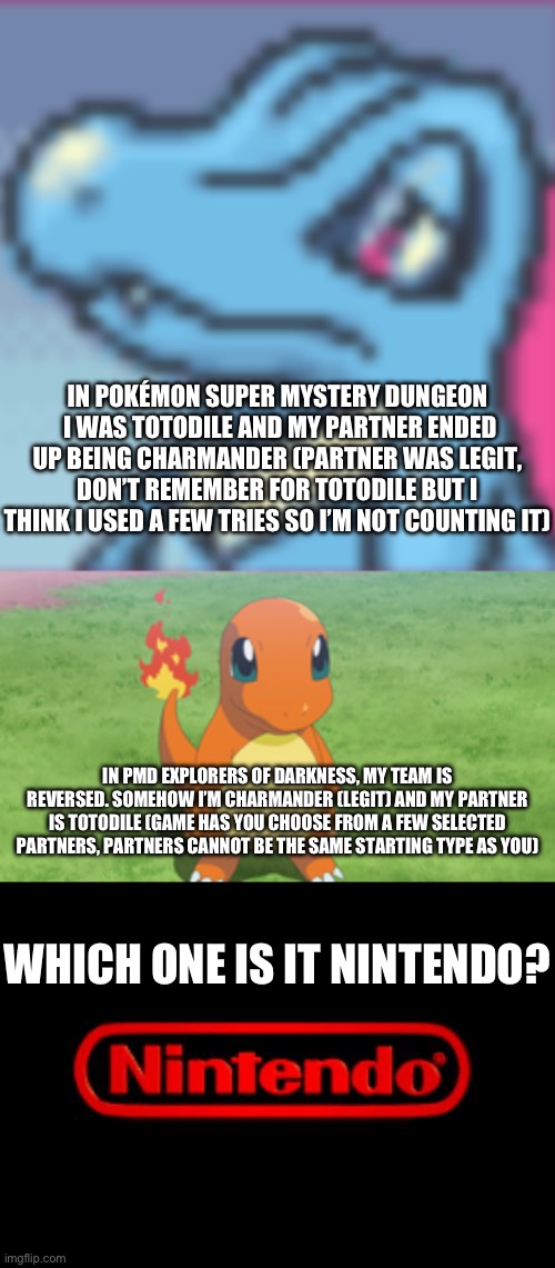Which reptile am I Nintendo?! I’m not counting Blue rescue team because I deliberately threw that one for Eevee | IN POKÉMON SUPER MYSTERY DUNGEON  I WAS TOTODILE AND MY PARTNER ENDED UP BEING CHARMANDER (PARTNER WAS LEGIT, DON’T REMEMBER FOR TOTODILE BUT I THINK I USED A FEW TRIES SO I’M NOT COUNTING IT); IN PMD EXPLORERS OF DARKNESS, MY TEAM IS REVERSED. SOMEHOW I’M CHARMANDER (LEGIT) AND MY PARTNER IS TOTODILE (GAME HAS YOU CHOOSE FROM A FEW SELECTED PARTNERS, PARTNERS CANNOT BE THE SAME STARTING TYPE AS YOU); WHICH ONE IS IT NINTENDO? | image tagged in totodile doubt,charmander what are you doing meme,nintendo logo | made w/ Imgflip meme maker