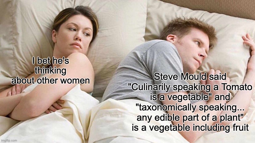 tomato is a vegetable | I bet he's thinking about other women; Steve Mould said "Culinarily speaking a Tomato is a vegetable" and "taxonomically speaking... any edible part of a plant" is a vegetable including fruit | image tagged in memes,i bet he's thinking about other women,tomato,vegetable,fruit | made w/ Imgflip meme maker