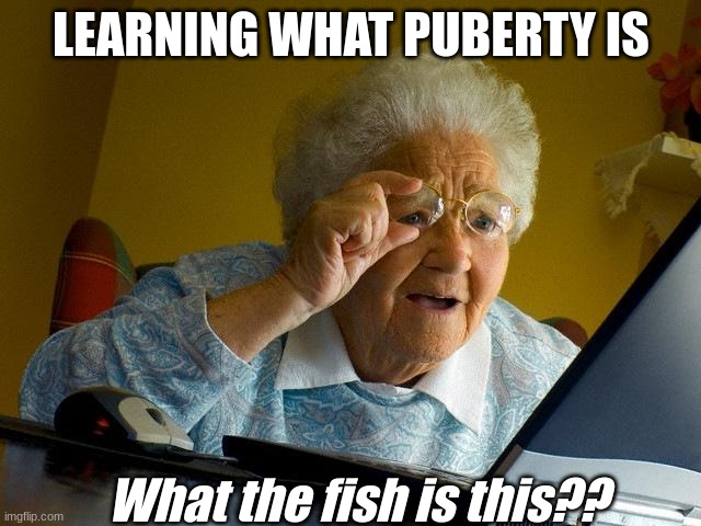 Grandma Finds The Internet Meme | LEARNING WHAT PUBERTY IS; What the fish is this?? | image tagged in memes,grandma finds the internet | made w/ Imgflip meme maker