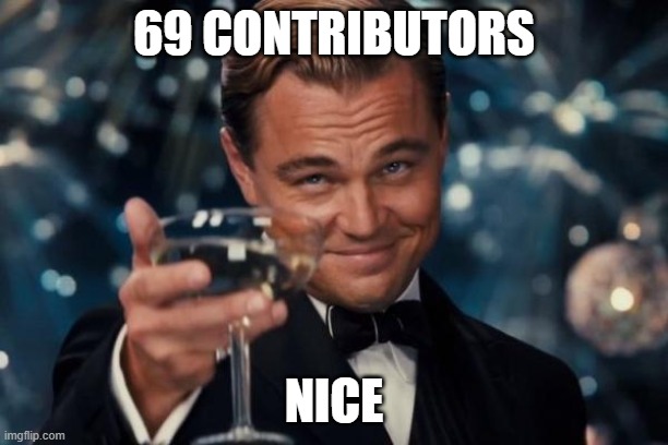 69 Contributors | 69 CONTRIBUTORS; NICE | image tagged in memes,leonardo dicaprio cheers | made w/ Imgflip meme maker