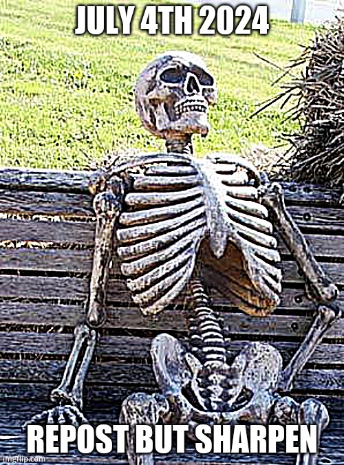 Waiting Skeleton Meme | JULY 4TH 2024; REPOST BUT SHARPEN | image tagged in memes,waiting skeleton | made w/ Imgflip meme maker