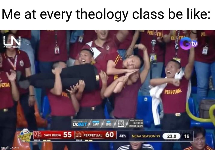 Guy Sleeps In The Middle Of The Game | Me at every theology class be like: | image tagged in guy sleeps in the middle of the game | made w/ Imgflip meme maker