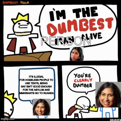 I hate Suella Braverman | PERSON; IT’S ILLEGAL FOR HOMELESS PEOPLE TO USE TENTS, BEING GAY ISN’T GOOD ENOUGH FOR THE ASYLUM AND IMMIGRANTS GO TO RUANDA | image tagged in i'm the dumbest man alive | made w/ Imgflip meme maker
