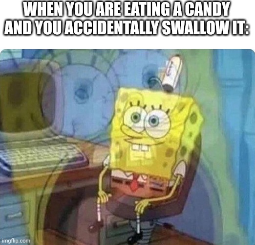 Food meme | WHEN YOU ARE EATING A CANDY AND YOU ACCIDENTALLY SWALLOW IT: | image tagged in spongebob screaming inside | made w/ Imgflip meme maker
