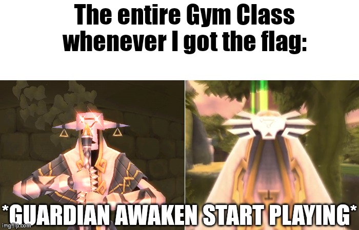 It's somehow funny, but also scary... | The entire Gym Class whenever I got the flag:; *GUARDIAN AWAKEN START PLAYING* | image tagged in capture the flag,gym,memes,funny | made w/ Imgflip meme maker