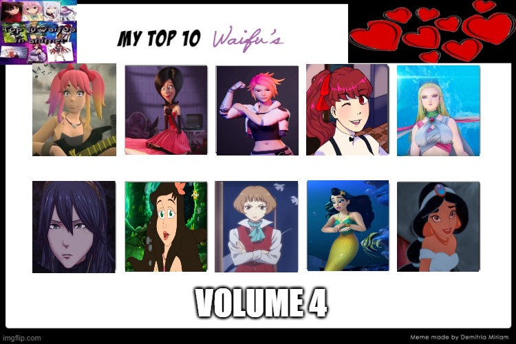 top 10 waifus volume 4 | VOLUME 4 | image tagged in top 10 waifus,waifu,minions,anime,mermaid | made w/ Imgflip meme maker