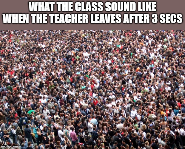 literally the noisiest section | WHAT THE CLASS SOUND LIKE WHEN THE TEACHER LEAVES AFTER 3 SECS | image tagged in crowd of people | made w/ Imgflip meme maker