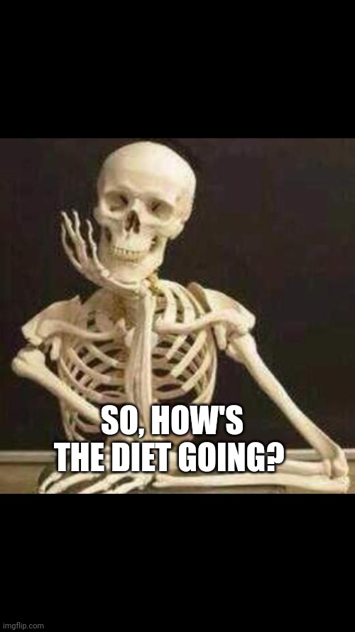 skeleton waiting | SO, HOW'S THE DIET GOING? | image tagged in skeleton waiting | made w/ Imgflip meme maker