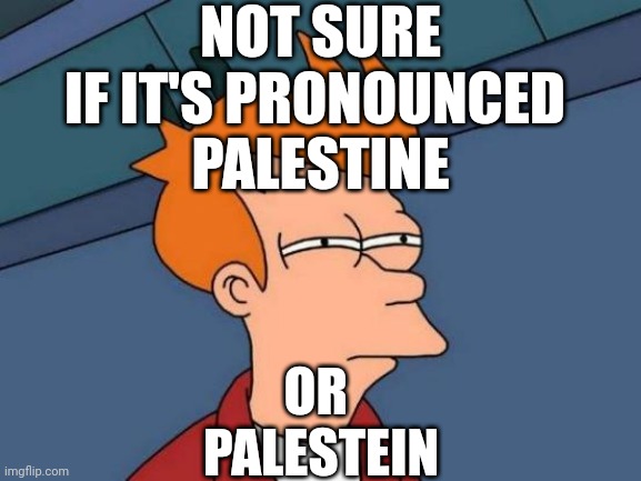 The answer could change the face of the war ! | NOT SURE IF IT'S PRONOUNCED 
PALESTINE; OR 
PALESTEIN | image tagged in futurama fry,antisemitism,israel,jews,palestinians,liberals | made w/ Imgflip meme maker