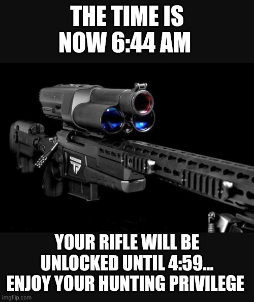 The future looks dumb | THE TIME IS NOW 6:44 AM; YOUR RIFLE WILL BE UNLOCKED UNTIL 4:59... ENJOY YOUR HUNTING PRIVILEGE | image tagged in smart gun,dystopian nightmares,the future world if,gun control,common sense,total control | made w/ Imgflip meme maker