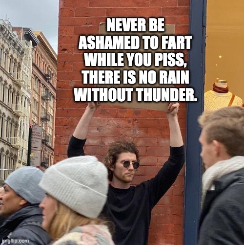 AND THAT'S A FACT! | NEVER BE ASHAMED TO FART WHILE YOU PISS, THERE IS NO RAIN WITHOUT THUNDER. | image tagged in guy holding cardboard sign,fact,fax | made w/ Imgflip meme maker
