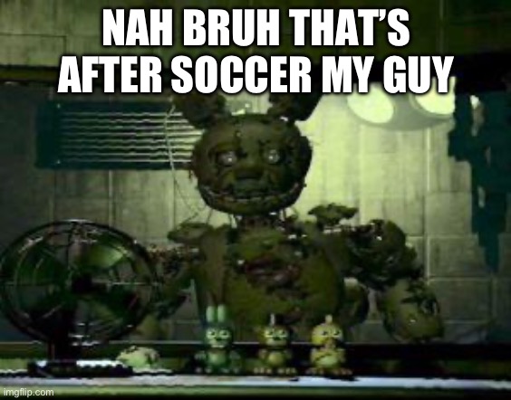 FNAF Springtrap in window | NAH BRUH THAT’S AFTER SOCCER MY GUY | image tagged in fnaf springtrap in window | made w/ Imgflip meme maker