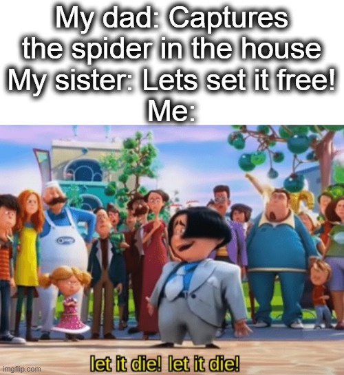 kill it lol | My dad: Captures the spider in the house
My sister: Lets set it free!
Me: | image tagged in let it die let it die,die,death,spider,kill it with fire,lol | made w/ Imgflip meme maker