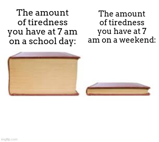 THIS IS SOOOOOO TRUE BRO | The amount of tiredness you have at 7 am on a weekend:; The amount of tiredness you have at 7 am on a school day: | image tagged in big book and small book,meme,tired,school,weekend | made w/ Imgflip meme maker