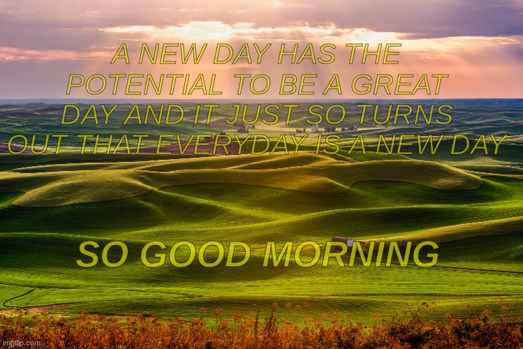 Good morning everyone | A NEW DAY HAS THE POTENTIAL TO BE A GREAT DAY AND IT JUST SO TURNS OUT THAT EVERYDAY IS A NEW DAY; SO GOOD MORNING | made w/ Imgflip meme maker