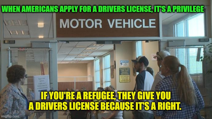 Feels more like I'm paying for it than a privilege. | WHEN AMERICANS APPLY FOR A DRIVERS LICENSE, IT'S A PRIVILEGE; IF YOU'RE A REFUGEE, THEY GIVE YOU A DRIVERS LICENSE BECAUSE IT'S A RIGHT. | image tagged in dmv,taxes,tyranny,government corruption | made w/ Imgflip meme maker