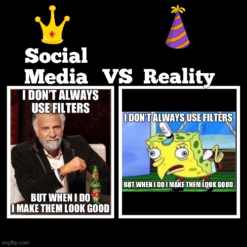 Social Media vs Reality Filters | image tagged in social media,reality,the most interesting man in the world,mocking spongebob | made w/ Imgflip meme maker