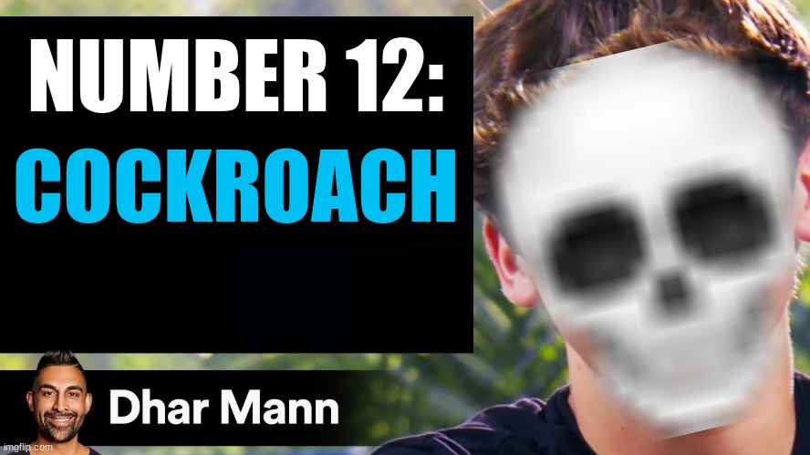 for context on why I put the skull, that quote comes directly from a youtuber called "they will kill you" | NUMBER 12:; COCKROACH | image tagged in dhar mann thumbnail maker bully edition | made w/ Imgflip meme maker