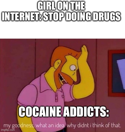 my goodness what an idea why didn't I think of that | GIRL ON THE INTERNET: STOP DOING DRUGS; COCAINE ADDICTS: | image tagged in my goodness what an idea why didn't i think of that | made w/ Imgflip meme maker
