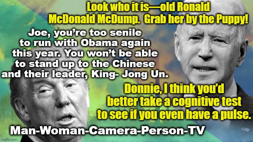 Two Old White Politicians | Look who it is—old Ronald McDonald McDump.  Grab her by the Puppy! Joe, you’re too senile to run with Obama again this year. You won’t be able to stand up to the Chinese and their leader, King- Jong Un. Donnie, I think you’d better take a cognitive test to see if you even have a pulse. Man-Woman-Camera-Person-TV | image tagged in maga,joe biden,donald trump,donald trump the clown,democratic party,presidential race | made w/ Imgflip meme maker