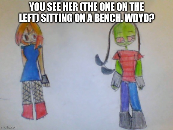 Basic rules apply, some joke allowed, roblox allowed. No erp. | YOU SEE HER (THE ONE ON THE LEFT) SITTING ON A BENCH. WDYD? | made w/ Imgflip meme maker