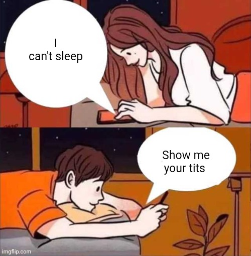 Girl texting Boy | I can't sleep; Show me your tits | image tagged in girl texting boy | made w/ Imgflip meme maker
