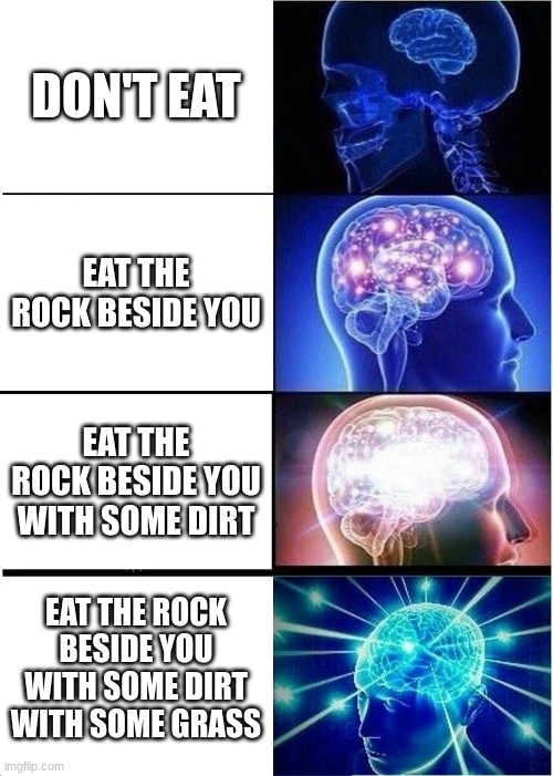 who's hungry | DON'T EAT; EAT THE ROCK BESIDE YOU; EAT THE ROCK BESIDE YOU WITH SOME DIRT; EAT THE ROCK BESIDE YOU WITH SOME DIRT WITH SOME GRASS | image tagged in memes,expanding brain,eating,mud,nature,wait what | made w/ Imgflip meme maker