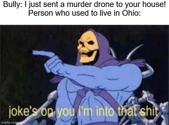 am i wrong? | Bully: I just sent a murder drone to your house!
Person who used to live in Ohio: | image tagged in jokes on you im into that shit,am i wrong | made w/ Imgflip meme maker