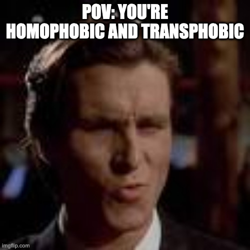 fr lol | POV: YOU'RE HOMOPHOBIC AND TRANSPHOBIC | image tagged in patrick bateman sigma face | made w/ Imgflip meme maker