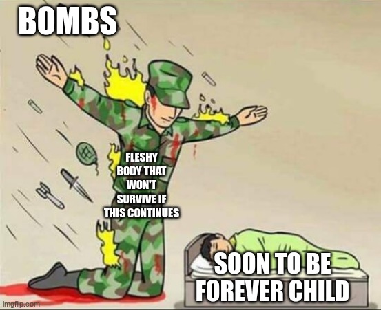 fun | BOMBS; FLESHY BODY THAT WON'T SURVIVE IF THIS CONTINUES; SOON TO BE FOREVER CHILD | image tagged in soldier protecting sleeping child,funny meme,terrorism | made w/ Imgflip meme maker