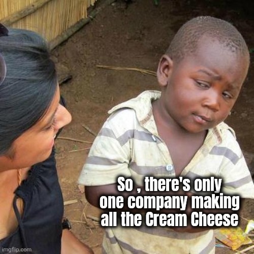 Third World Skeptical Kid Meme | So , there's only one company making all the Cream Cheese | image tagged in memes,third world skeptical kid | made w/ Imgflip meme maker