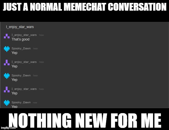 A very normal chat | JUST A NORMAL MEMECHAT CONVERSATION; NOTHING NEW FOR ME | image tagged in meanwhile on imgflip,imgflip humor,memechat | made w/ Imgflip meme maker