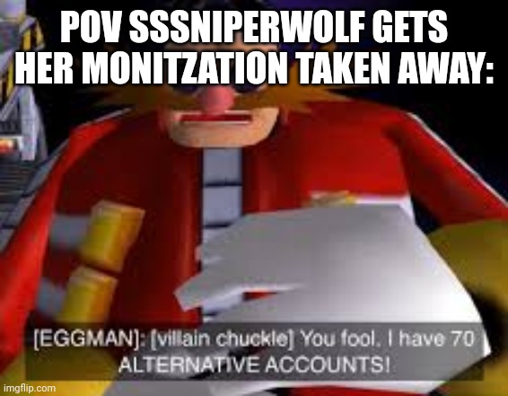Eggman Alternative Accounts | POV SSSNIPERWOLF GETS HER MONITZATION TAKEN AWAY: | image tagged in eggman alternative accounts | made w/ Imgflip meme maker
