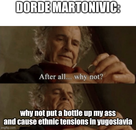 After all.. why not? | DORDE MARTONIVIC:; why not put a bottle up my ass and cause ethnic tensions in yugoslavia | image tagged in after all why not | made w/ Imgflip meme maker