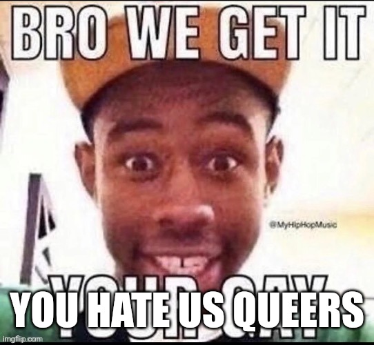 bro we get it, your gay | YOU HATE US QUEERS | image tagged in bro we get it your gay | made w/ Imgflip meme maker
