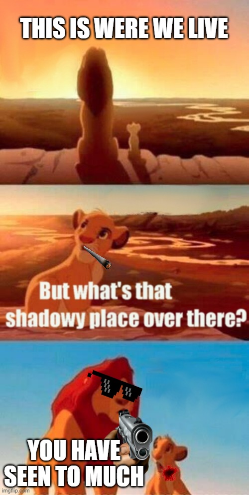 YOU HAVE SEEN TO MUCH | THIS IS WERE WE LIVE; YOU HAVE SEEN TO MUCH | image tagged in memes,simba shadowy place | made w/ Imgflip meme maker