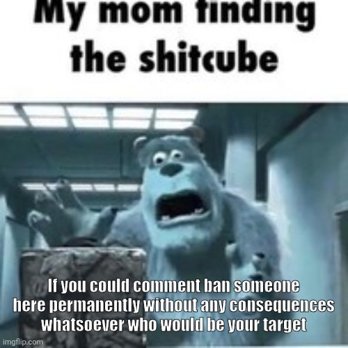 myself | If you could comment ban someone here permanently without any consequences whatsoever who would be your target | image tagged in my mom finding the shitcube | made w/ Imgflip meme maker
