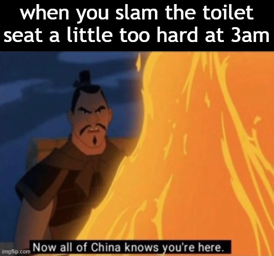 guess I'll die. | when you slam the toilet seat a little too hard at 3am | image tagged in now all of china knows you're here,guess i'll die,barney will eat all of your delectable biscuits | made w/ Imgflip meme maker