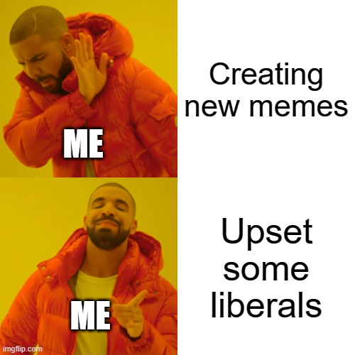 Drake Hotline Bling | Creating new memes; ME; Upset some liberals; ME | image tagged in memes,drake hotline bling | made w/ Imgflip meme maker