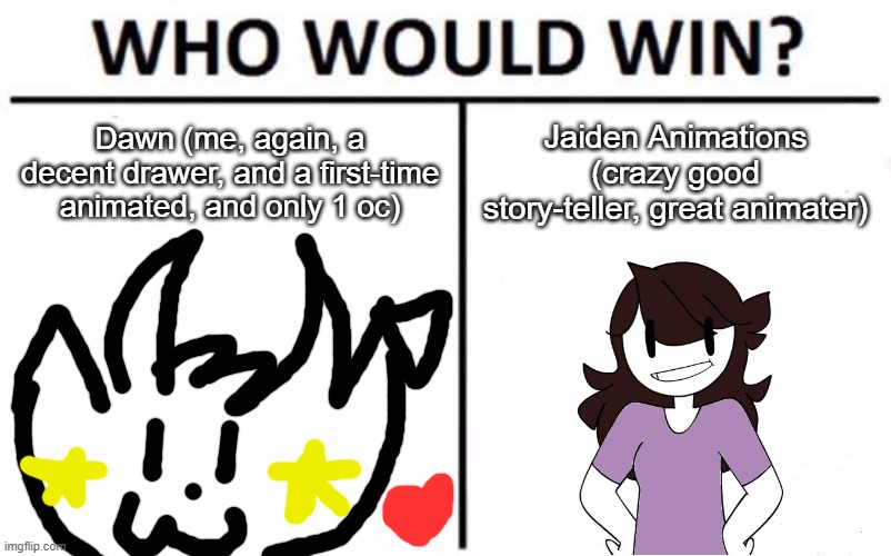 YouTuber Battles pt. 5 (Jaiden Animations Edition!!) | Dawn (me, again, a decent drawer, and a first-time animated, and only 1 oc); Jaiden Animations (crazy good story-teller, great animater) | image tagged in memes,who would win,repost,youtubers,jaiden animations | made w/ Imgflip meme maker