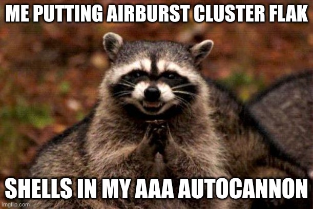 Hehe autocannons go brrrrrrr (they're 120 mm btw) | ME PUTTING AIRBURST CLUSTER FLAK; SHELLS IN MY AAA AUTOCANNON | image tagged in memes,evil plotting raccoon | made w/ Imgflip meme maker