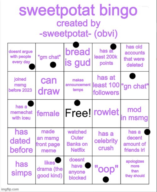 sweetpotat bingo! | image tagged in sweetpotat bingo | made w/ Imgflip meme maker
