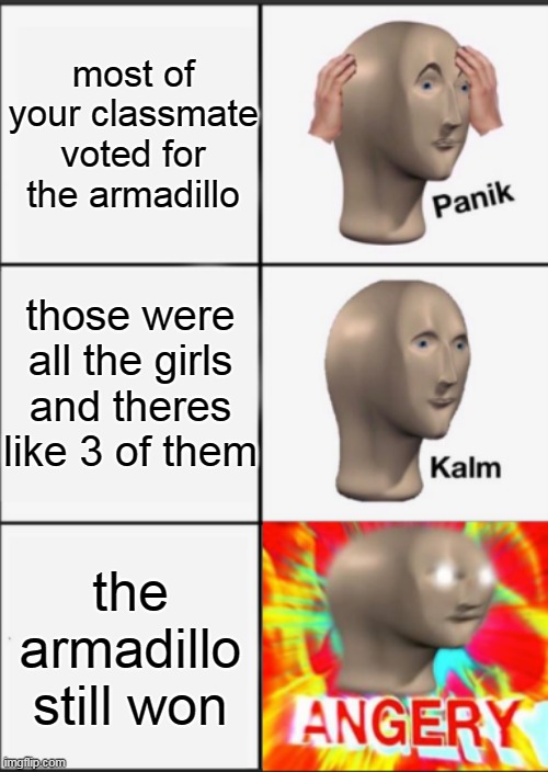 Panik Kalm Angery | most of your classmate voted for the armadillo; those were all the girls and theres like 3 of them; the armadillo still won | image tagged in panik kalm angery | made w/ Imgflip meme maker