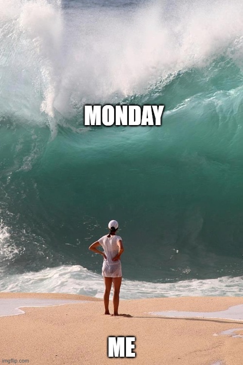 Monday tidal wave | MONDAY; ME | image tagged in monday deadline,monday | made w/ Imgflip meme maker